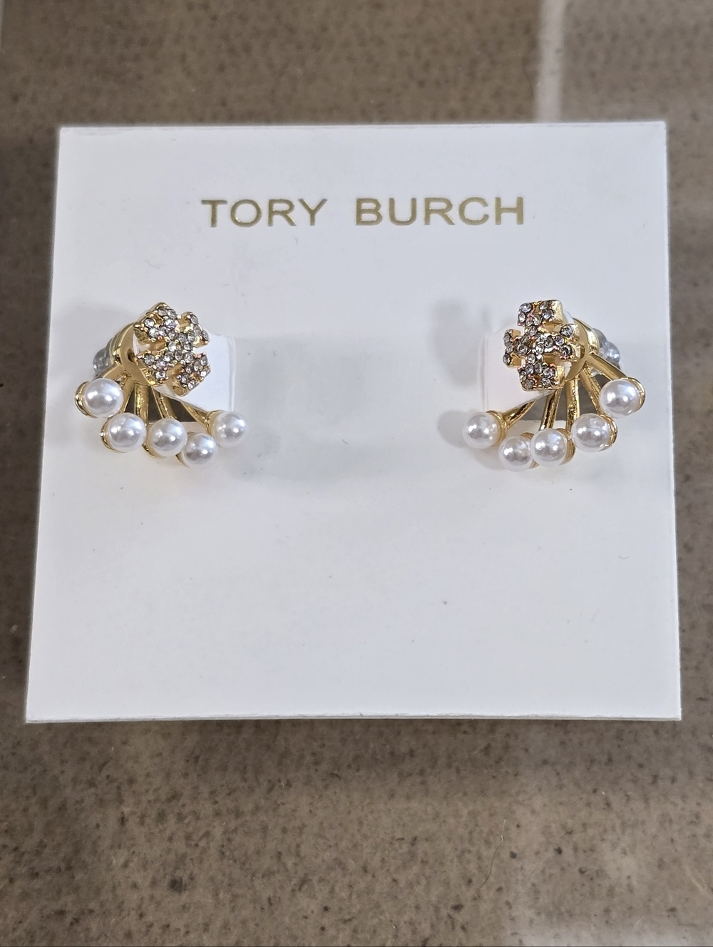 Tory Burch Gold Crystal Flower Studs with White Pearls